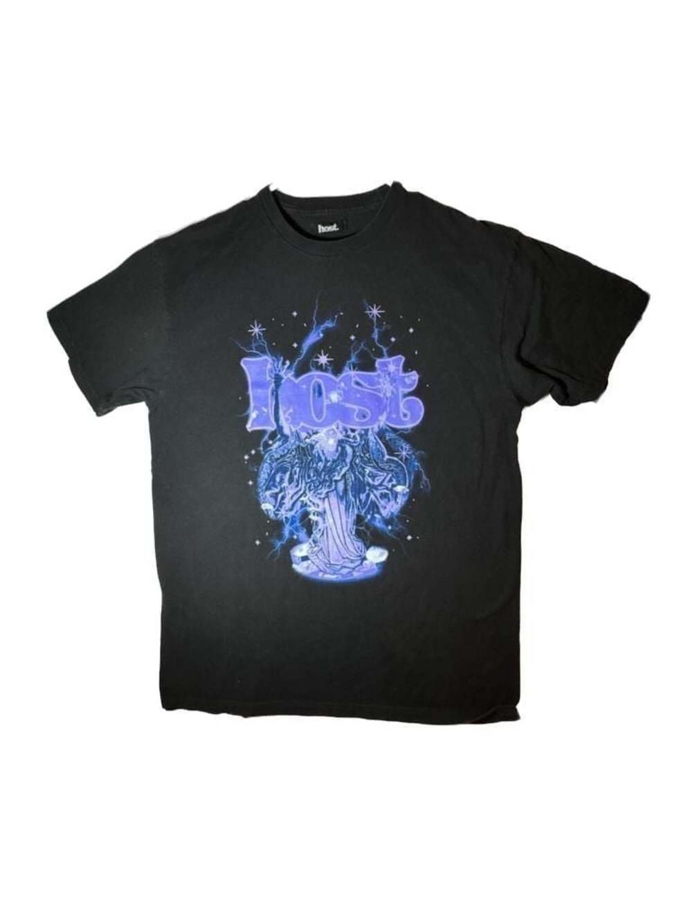 Host. Black Graphic T-Shirt with Lightning and Figure Design